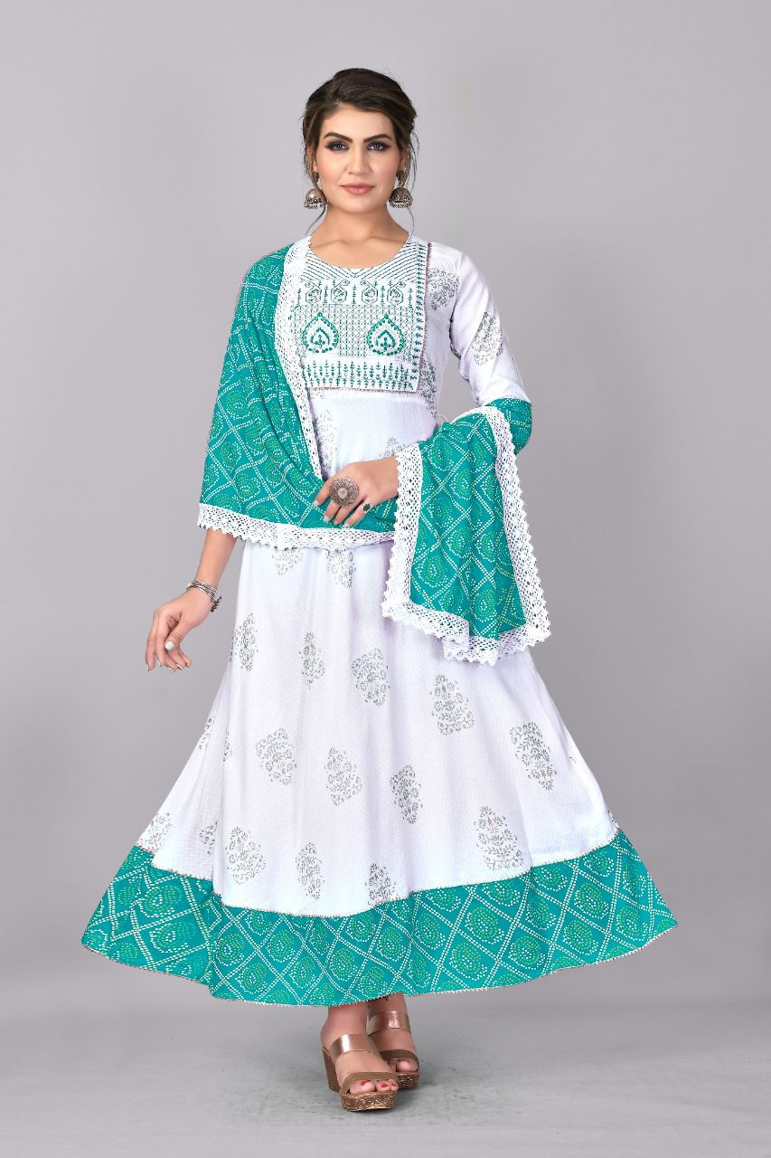 White Feather 1001 Designer Fancy Ethnic Wear Rayon Kurti With Dupatta Collection